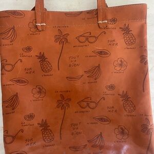 Clare V Brown Tote Bag with Playful Tropical Design